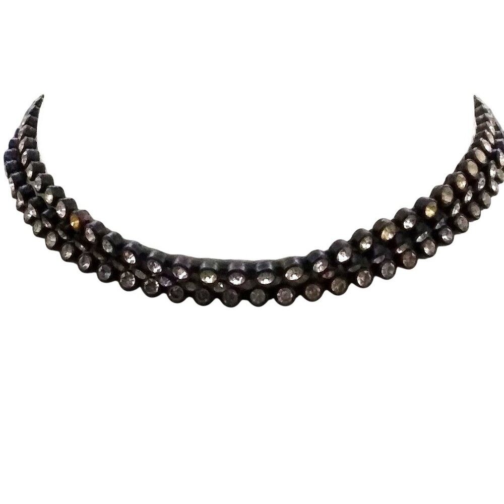 Vintage Triple Row Clear Crystals Choker, Lightweight Black Flexible Plastic